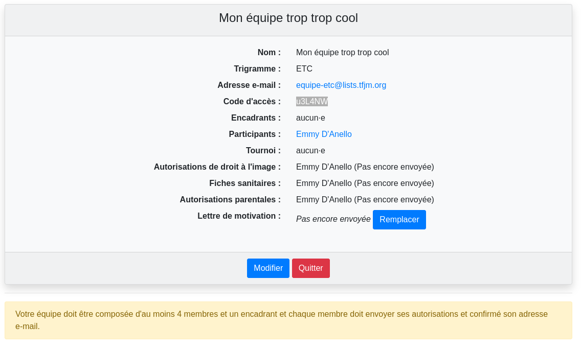 Information sur l'équipe nouvellement créée